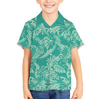 Tahiti Teal Tiare Floral Family Matching Tank Maxi Dress and Hawaiian Shirt Monstera Palm Tropical Leaves - Polynesian Pride
