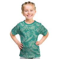 Tahiti Teal Tiare Floral Kid T Shirt Monstera Palm Tropical Leaves LT01 Teal - Polynesian Pride