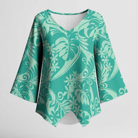 Tahiti Teal Tiare Floral Kimono Sleeve Blouse Monstera Palm Tropical Leaves - Polynesian Pride