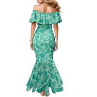 Tahiti Teal Tiare Floral Mermaid Dress Monstera Palm Tropical Leaves - Polynesian Pride