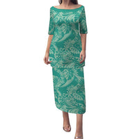Tahiti Teal Tiare Floral Puletasi Monstera Palm Tropical Leaves LT01 Long Dress Teal - Polynesian Pride