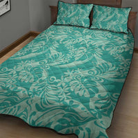 Tahiti Teal Tiare Floral Quilt Bed Set Monstera Palm Tropical Leaves - Polynesian Pride