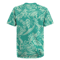 Tahiti Teal Tiare Floral Rugby Jersey Monstera Palm Tropical Leaves LT01 - Polynesian Pride