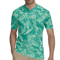 Tahiti Teal Tiare Floral Rugby Jersey Monstera Palm Tropical Leaves LT01 - Polynesian Pride