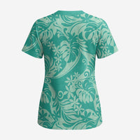 Tahiti Teal Tiare Floral Scrub Top Monstera Palm Tropical Leaves - Polynesian Pride
