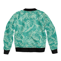 Tahiti Teal Tiare Floral Sleeve Zip Bomber Jacket Monstera Palm Tropical Leaves - Polynesian Pride
