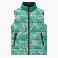 Tahiti Teal Tiare Floral Sleeveless Puffer Jacket Monstera Palm Tropical Leaves - Polynesian Pride