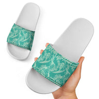 Tahiti Teal Tiare Floral Slide Sandals Monstera Palm Tropical Leaves - Polynesian Pride