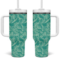 Tahiti Teal Tiare Floral Tumbler With Handle Monstera Palm Tropical Leaves - Polynesian Pride