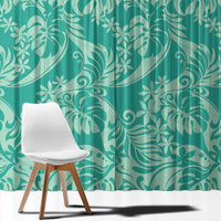 Tahiti Teal Tiare Floral Window Curtain Monstera Palm Tropical Leaves - Polynesian Pride