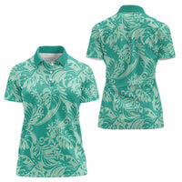 Tahiti Teal Tiare Floral Women Polo Shirt Monstera Palm Tropical Leaves - Polynesian Pride