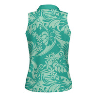 Tahiti Teal Tiare Floral Women Sleeveless Polo Shirt Monstera Palm Tropical Leaves - Polynesian Pride