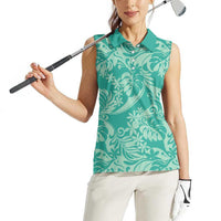 Tahiti Teal Tiare Floral Women Sleeveless Polo Shirt Monstera Palm Tropical Leaves - Polynesian Pride