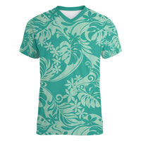 Tahiti Teal Tiare Floral Women V-Neck T-Shirt Monstera Palm Tropical Leaves - Polynesian Pride
