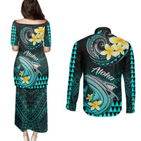 Hawaii Couples Matching Puletasi Dress and Long Sleeve Button Shirts Polynesian Shark with Kakau Turquoise Version LT01 - Polynesian Pride