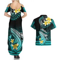 Hawaii Couples Matching Summer Maxi Dress and Hawaiian Shirt Polynesian Shark with Kakau Turquoise Version LT01 - Polynesian Pride