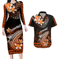 Hawaii Couples Matching Long Sleeve Bodycon Dress and Hawaiian Shirt Polynesian Shark with Kakau Orange Version LT01 Orange - Polynesian Pride