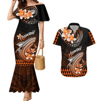 Hawaii Couples Matching Mermaid Dress and Hawaiian Shirt Polynesian Shark with Kakau Orange Version LT01 Orange - Polynesian Pride