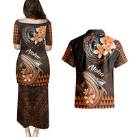 Hawaii Couples Matching Puletasi Dress and Hawaiian Shirt Polynesian Shark with Kakau Orange Version LT01 - Polynesian Pride