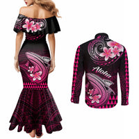 Hawaii Couples Matching Mermaid Dress and Long Sleeve Button Shirts Polynesian Shark with Kakau Pink Version LT01 - Polynesian Pride