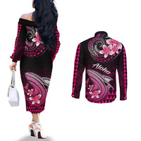 Hawaii Couples Matching Off The Shoulder Long Sleeve Dress and Long Sleeve Button Shirts Polynesian Shark with Kakau Pink Version LT01 - Polynesian Pride