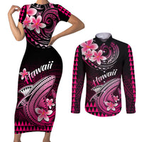 Hawaii Couples Matching Short Sleeve Bodycon Dress and Long Sleeve Button Shirts Polynesian Shark with Kakau Pink Version LT01 Pink - Polynesian Pride