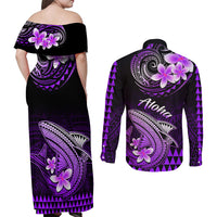 Hawaii Couples Matching Off Shoulder Maxi Dress and Long Sleeve Button Shirts Polynesian Shark with Kakau Purple Version LT01 - Polynesian Pride