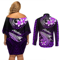 Hawaii Couples Matching Off Shoulder Short Dress and Long Sleeve Button Shirts Polynesian Shark with Kakau Purple Version LT01 - Polynesian Pride