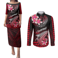 Hawaii Couples Matching Puletasi Dress and Long Sleeve Button Shirts Polynesian Shark with Kakau Red Version LT01 Red - Polynesian Pride