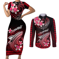 Hawaii Couples Matching Short Sleeve Bodycon Dress and Long Sleeve Button Shirts Polynesian Shark with Kakau Red Version LT01 Red - Polynesian Pride