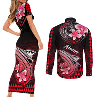 Hawaii Couples Matching Short Sleeve Bodycon Dress and Long Sleeve Button Shirts Polynesian Shark with Kakau Red Version LT01 - Polynesian Pride
