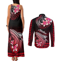 Hawaii Couples Matching Tank Maxi Dress and Long Sleeve Button Shirts Polynesian Shark with Kakau Red Version LT01 - Polynesian Pride