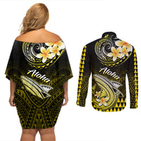 Hawaii Couples Matching Off Shoulder Short Dress and Long Sleeve Button Shirts Polynesian Shark with Kakau Yellow Version LT01 - Polynesian Pride
