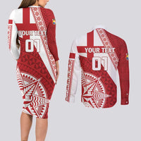 Custom Tonga Rugby Mate Maa Couples Matching Long Sleeve Bodycon Dress and Long Sleeve Button Shirt Ngatu Pattern LT01 - Polynesian Pride