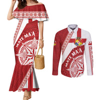 Custom Tonga Rugby Mate Maa Couples Matching Mermaid Dress and Long Sleeve Button Shirt Ngatu Pattern LT01 Red - Polynesian Pride