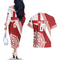 Custom Tonga Rugby Mate Maa Couples Matching Off The Shoulder Long Sleeve Dress and Hawaiian Shirt Ngatu Pattern LT01 - Polynesian Pride