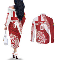 Custom Tonga Rugby Mate Maa Couples Matching Off The Shoulder Long Sleeve Dress and Long Sleeve Button Shirt Ngatu Pattern LT01 - Polynesian Pride
