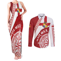 Custom Tonga Rugby Mate Maa Couples Matching Tank Maxi Dress and Long Sleeve Button Shirt Ngatu Pattern LT01 Red - Polynesian Pride