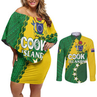 Custom Cook Islands Rugby Kukis Couples Matching Off Shoulder Short Dress and Long Sleeve Button Shirt Circle Stars LT01 Green - Polynesian Pride