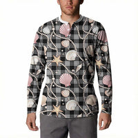 Hawaiian Ocean Seashells Button Sweatshirt Black Palaka Pattern LT01 - Polynesian Pride