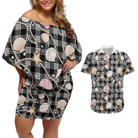 Hawaiian Ocean Seashells Couples Matching Off Shoulder Short Dress and Hawaiian Shirt Black Palaka Pattern LT01 Black - Polynesian Pride