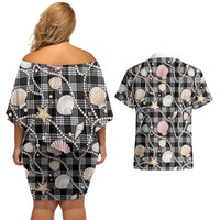 Hawaiian Ocean Seashells Couples Matching Off Shoulder Short Dress and Hawaiian Shirt Black Palaka Pattern LT01 - Polynesian Pride