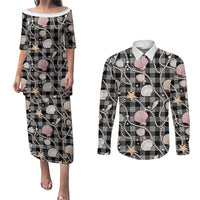 Hawaiian Ocean Seashells Couples Matching Puletasi and Long Sleeve Button Shirt Black Palaka Pattern LT01 Black - Polynesian Pride