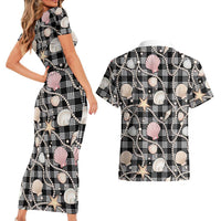 Hawaiian Ocean Seashells Couples Matching Short Sleeve Bodycon Dress and Hawaiian Shirt Black Palaka Pattern LT01 - Polynesian Pride