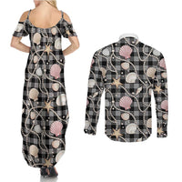 Hawaiian Ocean Seashells Couples Matching Summer Maxi Dress and Long Sleeve Button Shirt Black Palaka Pattern LT01 - Polynesian Pride