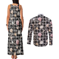 Hawaiian Ocean Seashells Couples Matching Tank Maxi Dress and Long Sleeve Button Shirt Black Palaka Pattern LT01 - Polynesian Pride