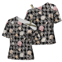 Hawaiian Ocean Seashells Cross Shoulder Shirt Black Palaka Pattern LT01 - Polynesian Pride