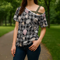 Hawaiian Ocean Seashells Cross Shoulder Shirt Black Palaka Pattern LT01 - Polynesian Pride