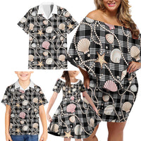 Hawaiian Ocean Seashells Family Matching Off Shoulder Short Dress and Hawaiian Shirt Black Palaka Pattern LT01 - Polynesian Pride