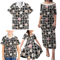 Hawaiian Ocean Seashells Family Matching Puletasi and Hawaiian Shirt Black Palaka Pattern LT01 - Polynesian Pride